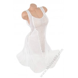 S 0035 Стилна плажна рокля в бяло от памук с ръчно плетена дантела