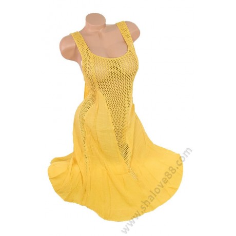 S 0035 Лятна жълта рокля с ръчно плетена дантела
