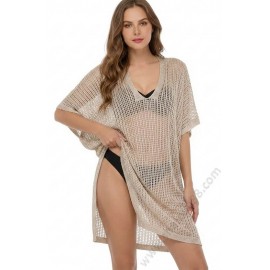 S 0033 Уникална плажна туника с ламе от памучна дантела в златисто-бежово
