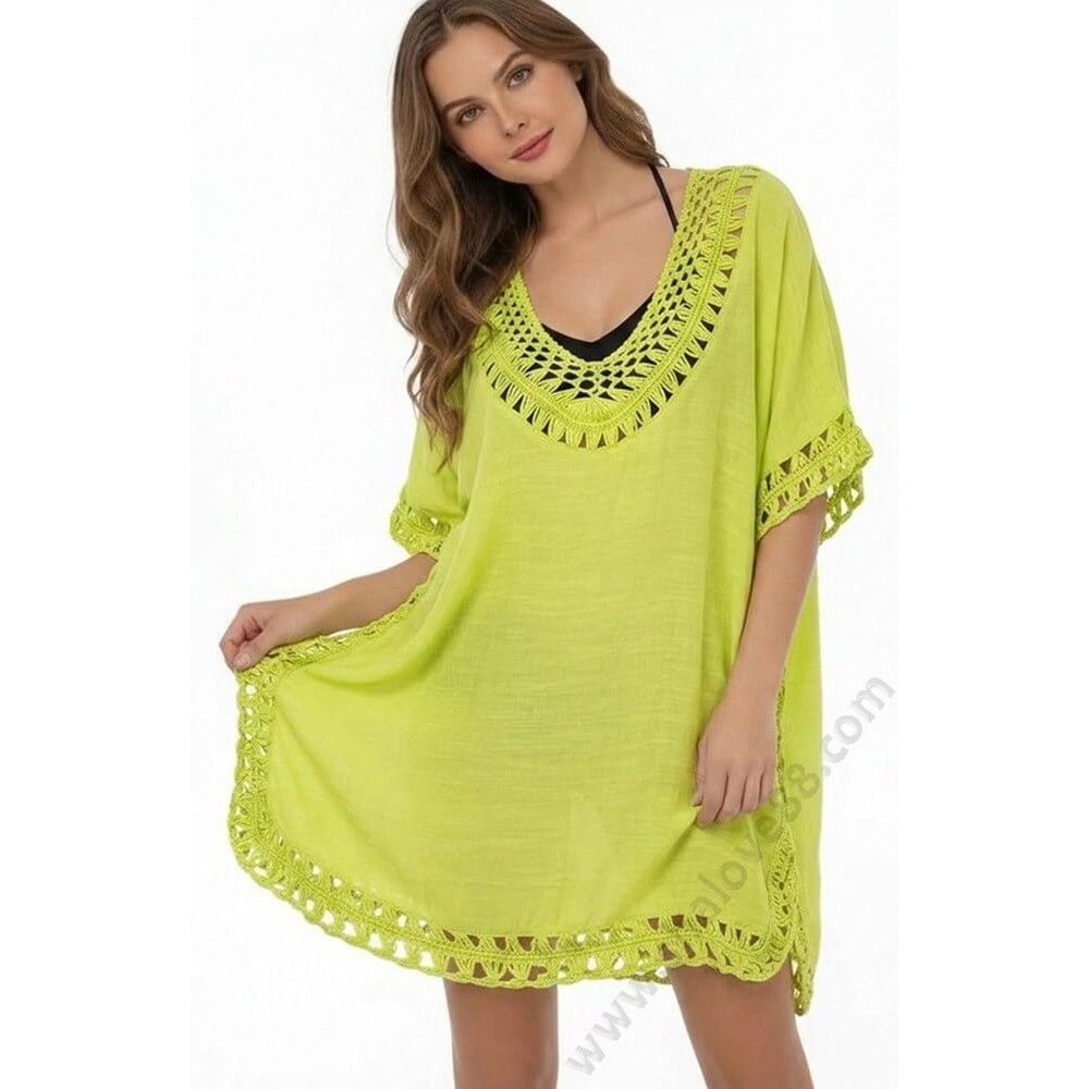S 0036 Памучна лятна туника в зелено с плетена дантела