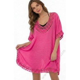 S 0036 Памучна лятна туника в циклама с плетена дантела