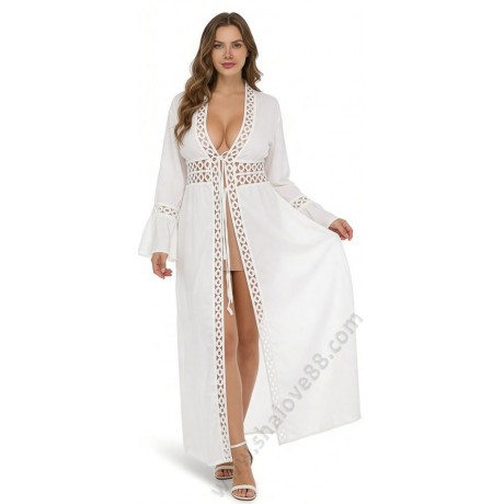 S 0333 Памучна дълга плажна рокля в бяло