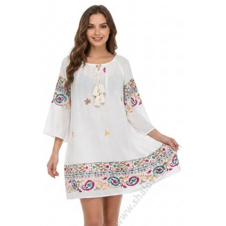 Ефирна бяла плажна туника с богата флорална бродерия в бохо стил. - Shalove 88 S 0140.