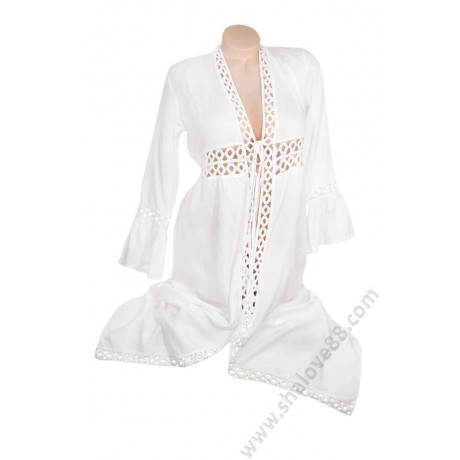 S 0333 Памучна дълга плажна рокля в бяло