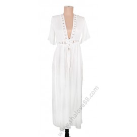 S 0334 Памучна дълга плажна рокля в бяло