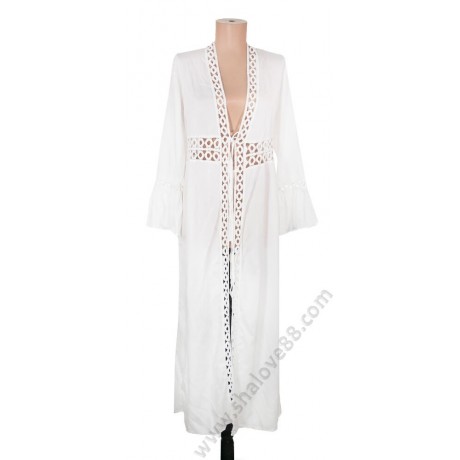 S 0333 Памучна дълга плажна рокля в бяло