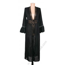 S 0333 Памучна дълга плажна рокля в черно