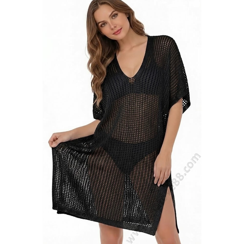 S 0033 Черна плажна туника с ламе от памучна дантела