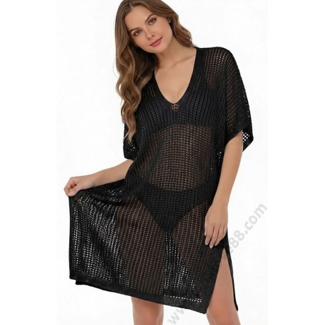 S 0033 Черна плажна туника с ламе от памучна дантела