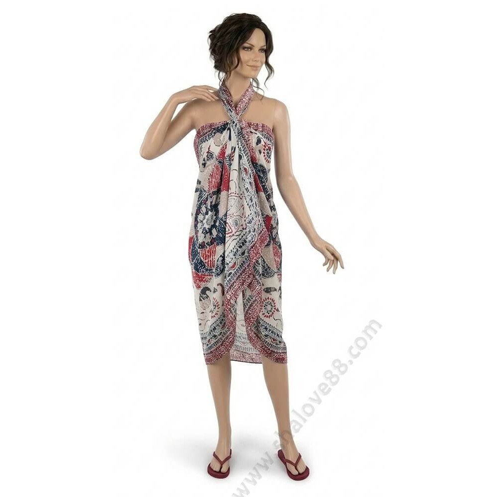 Плажен саронг от памук в цвят бордо с флорален принт и халка S 1112.