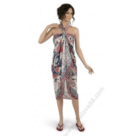 Плажен саронг от памук в цвят бордо с флорален принт и халка S 1112.