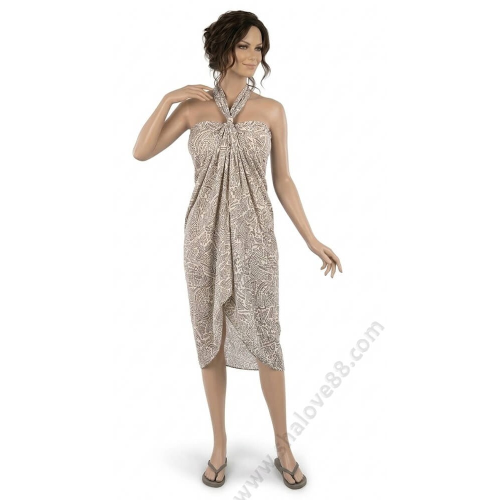 Голямо кафяво-бежово парео за плаж от фина материя с фиксираща халка S 0247.