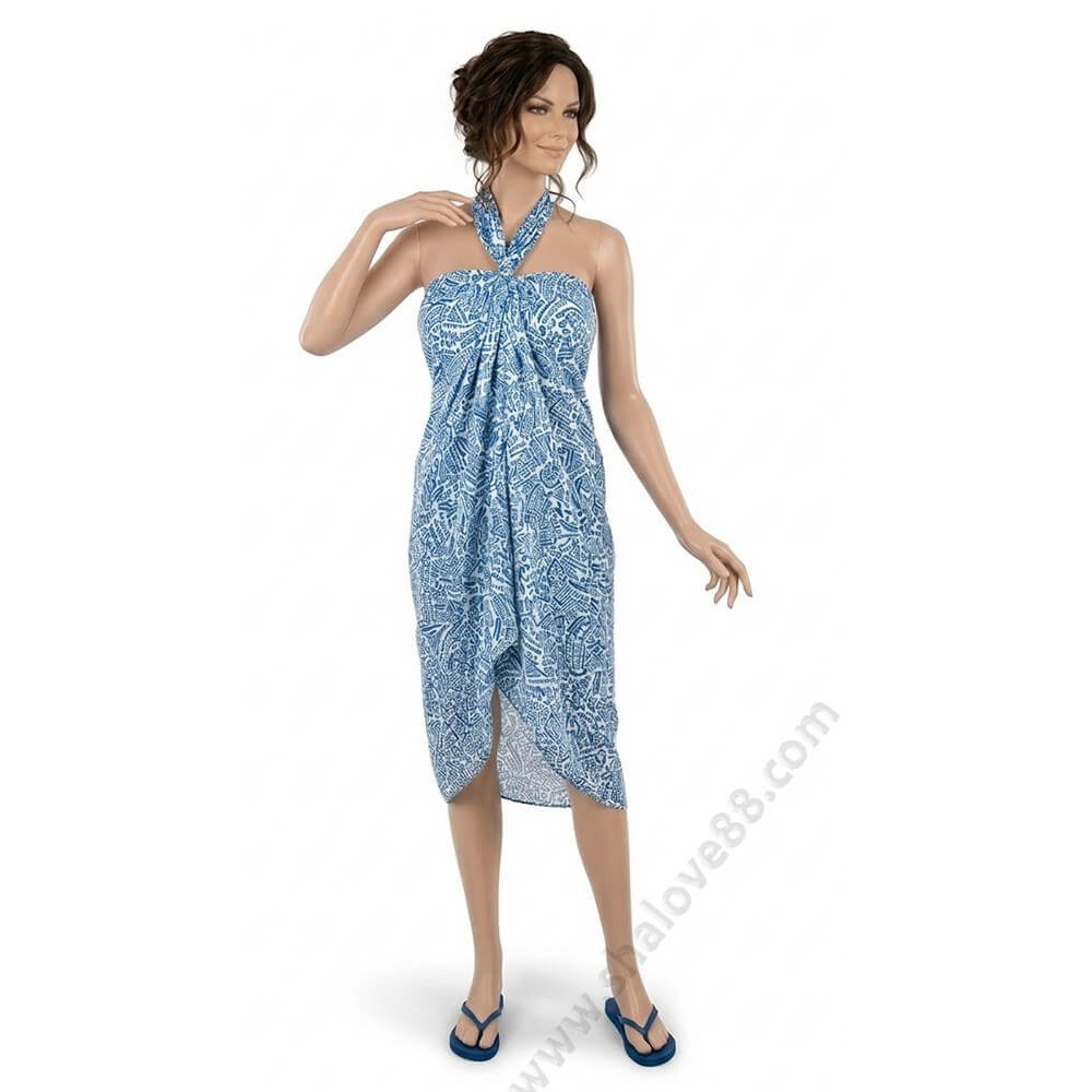 Екстра голям плажен шал тип саронг в син цвят с подарък халка за парео S 0247.