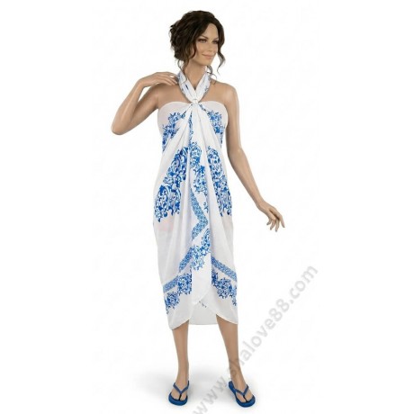 Голям бяло-светлосин плажен саронг с подарък халка S 0248.