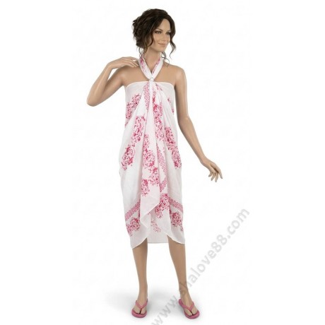 Луксозно бяло парео за плаж с розови орнаменти и подарък халка за фиксиране S 0248.