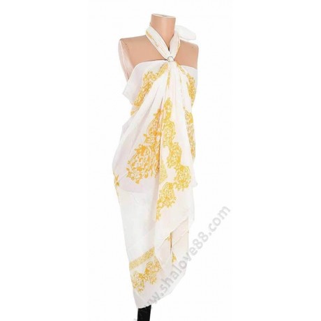 Голямо бяло парео за плаж с жълти орнаменти и халка за фиксиране S 0248.