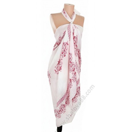 Луксозно бяло парео за плаж с розови орнаменти и подарък халка за фиксиране S 0248.