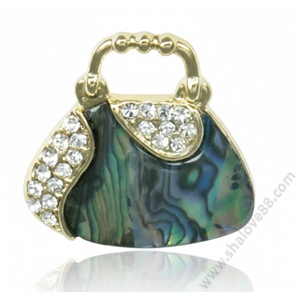 S 1137 Златиста брошка „Артистична чанта“ с кристали и многоцветен емайл