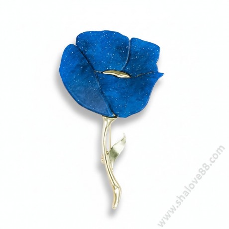 S 032-7 Стилен комплект от копринен син шал с флорални мотиви и красива брошка