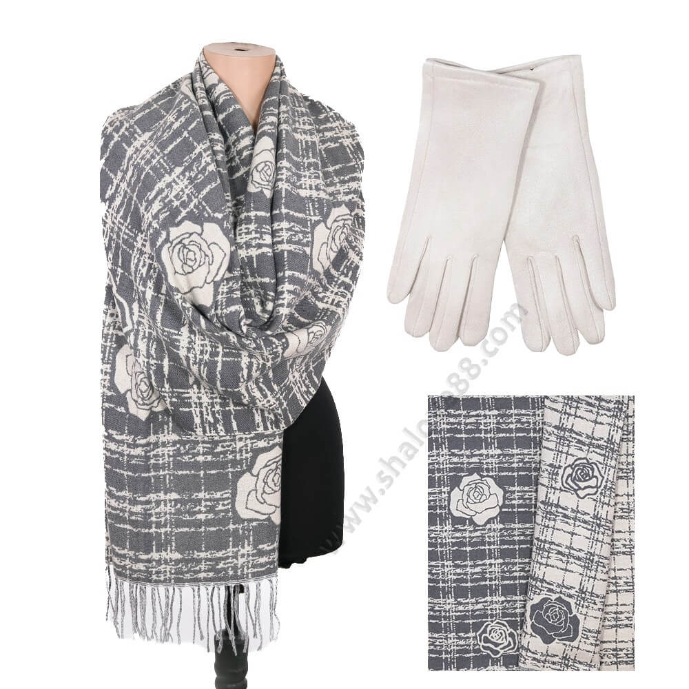 S 1505 светлосив /220-1 екрю Красив дамски шал с две лица и ръкавици