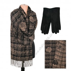 S 1505 кафяв /220-1 черен Красив дамски шал с две лица и ръкавици
