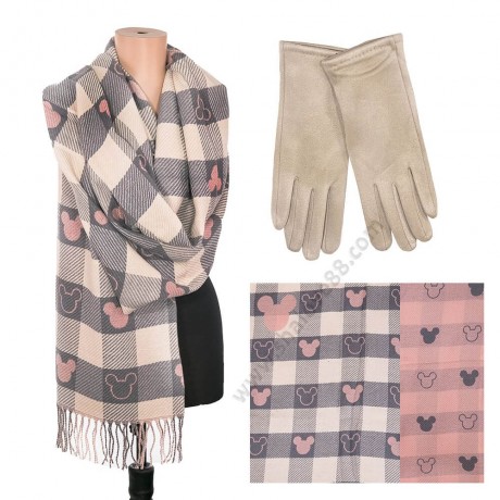 S 3603 сиво-розов /220-1 Красив дамски шал с две лица и ръкавици