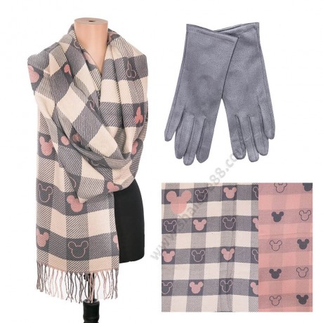 S 3603 сиво-розов /220-1 Красив дамски шал с две лица и ръкавици