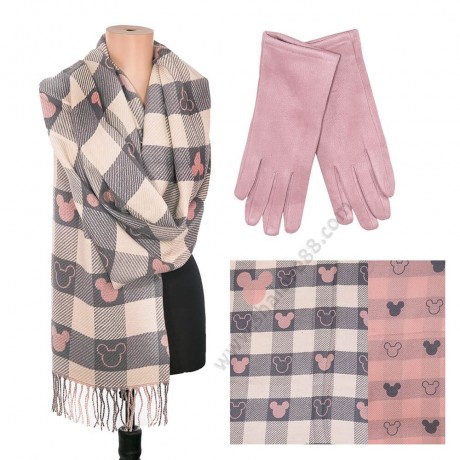 S 3603 сиво-розов /220-1 Красив дамски шал с две лица и ръкавици