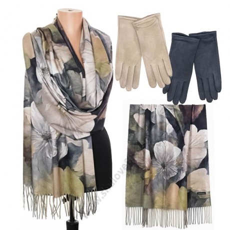 Комплект от кашмирен шал в горчица и ръкавици за тъчскрийн в бежово.