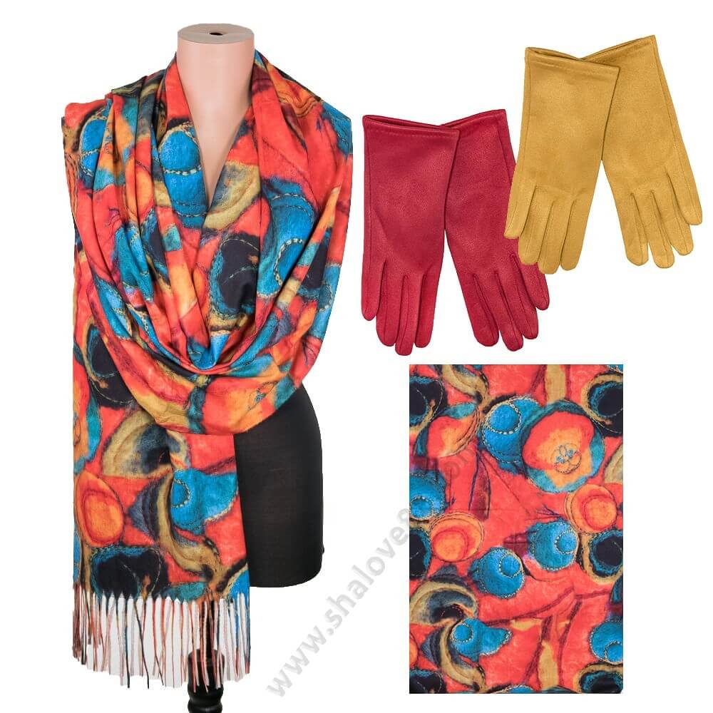 S 3607 червен /220-1 Комплект "Огнен залез" – кашмирен шал с арт принт и тъчскрийн ръкавици