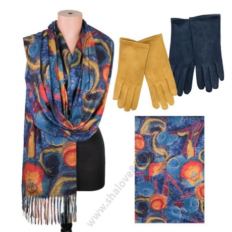 Дамски комплект от кашмирен шал със син арт принт и зимни тъчскрийн ръкавици. Код S 3607/220-1.