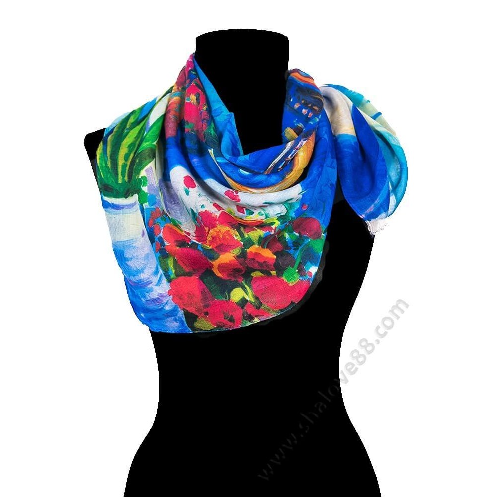 S 4315 Елегантно фишу с флорален мотив в синьо с червени макове