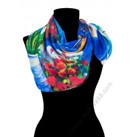 S 4315 Елегантно фишу с флорален мотив в синьо с червени макове