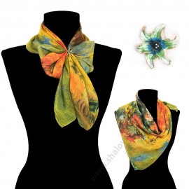 S 4314/1151 зелен Красиво памучно фишу "Ваза с цветя" и красива брошка