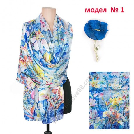 S 032-7 Стилен комплект от копринен син шал с флорални мотиви и красива брошка