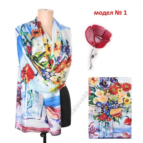S 032-1 Копринен шал с красив букет от цветя и стилна брошка