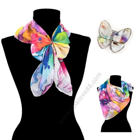 S 4311 / 1154 злато Комплект дамско памучно фишу с рисувани цветя и красива брошка