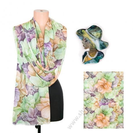 S 1111 зелен/ 1302 зелен Изискан комплект от шал с цветя и брошка в зелено