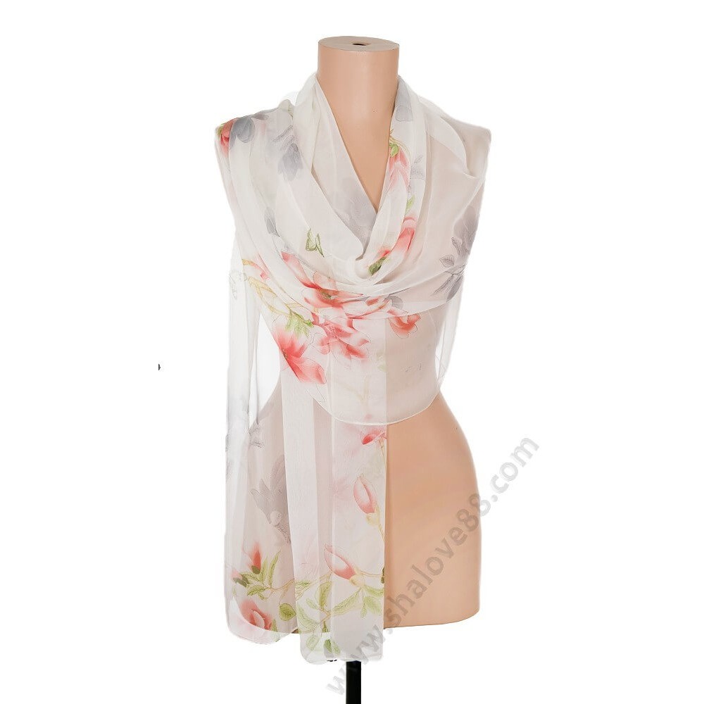 S 3271-3 Рисуван копринен шал в екрю с краиви червени цветя