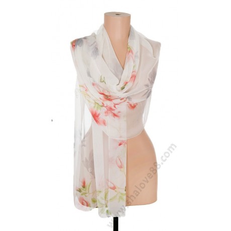 S 3271-3 Рисуван копринен шал в екрю с краиви червени цветя