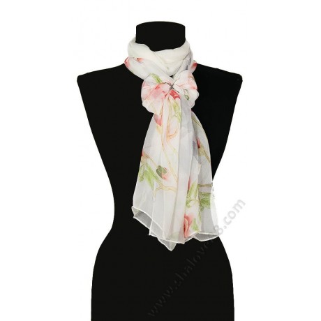 S 3271-3 Рисуван копринен шал в екрю с краиви червени цветя