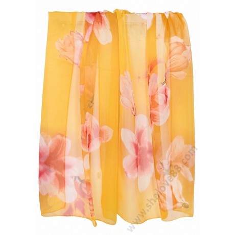 S 3271-6 Рисуван копринен шал в жълто с красиви нарциси