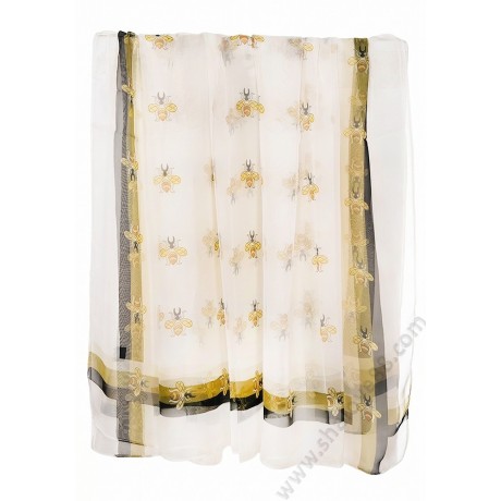 Ефирен дамски шал S 1225-12 от изкуствена коприна в цвят екрю с принт на малки пчелички.