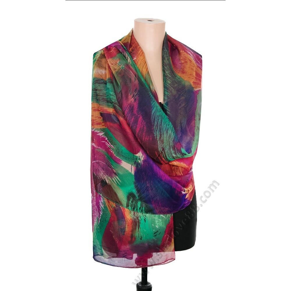 S 1225-13 Цикламен голям копринен шал с красиви пера