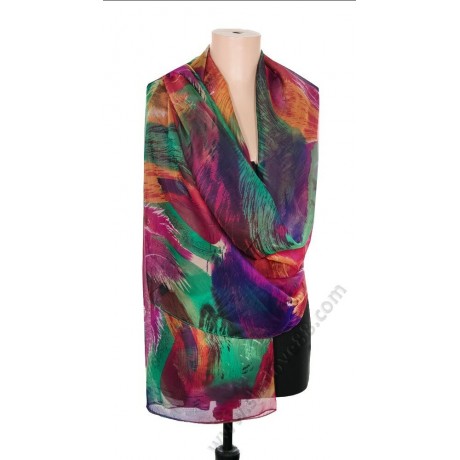 S 1225-13 Цикламен голям копринен шал с красиви пера