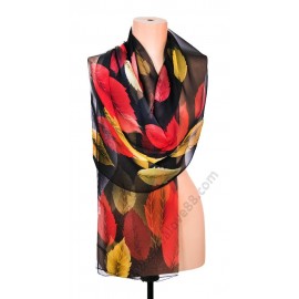 S 3271-10 Рисуван копринен шал в черно с цветни пера