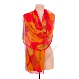 S 3271-8 Рисуван копринен шал в червено с цветни пера