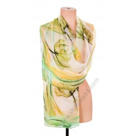 S 3271-4 Рисуван копринен шал в екрю и жълто със зелени цветя