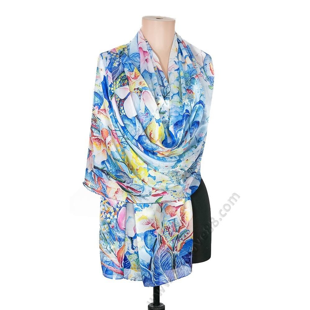 S 032-7 Дамски сатенен шал в синьо с красиви орхидеи