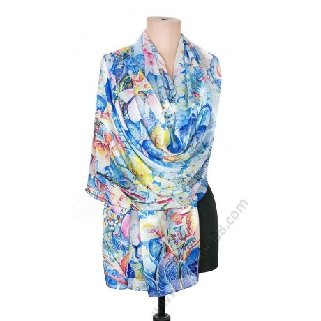 S 032-7 Стилен комплект от копринен син шал с флорални мотиви и красива брошка